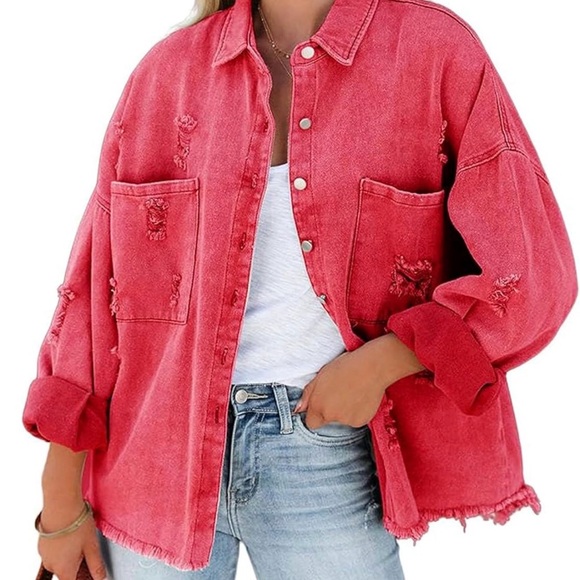 Jackets & Blazers - Casual Oversized Distressed Pink Denim Jacket